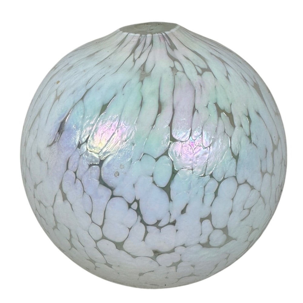 Art Glass Iridescent White Mottled Orb Bud Vase Hand Blown‎ Round small opal